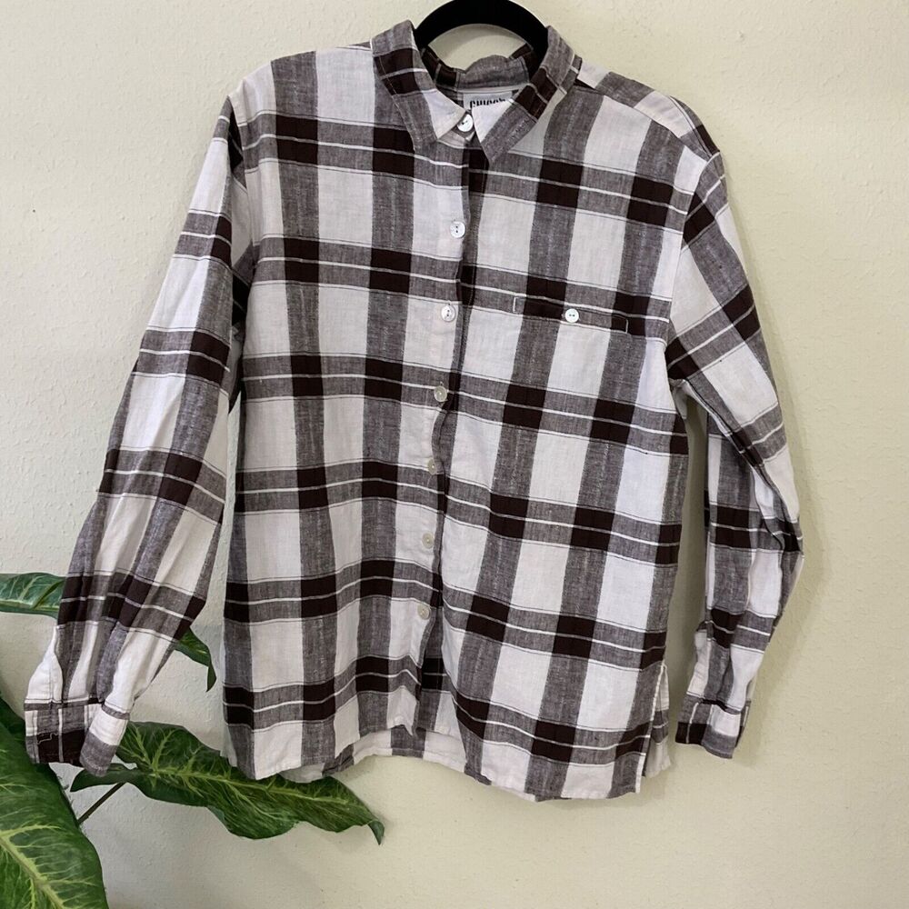 Vintage Chico's Design Blouse Women's size 2 (L) Button Up Plaid Linen blend